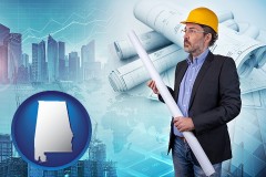 alabama map icon and building contractor holding blueprints - cityscape background