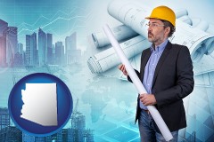 arizona map icon and building contractor holding blueprints - cityscape background