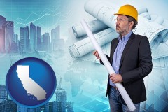 building contractor holding blueprints - cityscape background - with CA icon