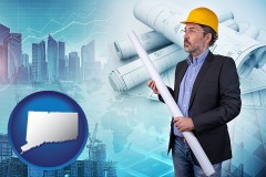 connecticut map icon and building contractor holding blueprints - cityscape background