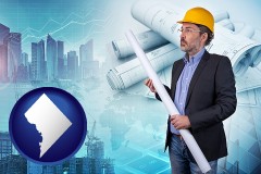 washington-dc map icon and building contractor holding blueprints - cityscape background