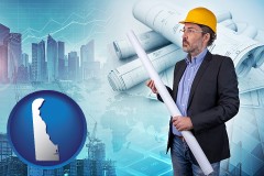 delaware map icon and building contractor holding blueprints - cityscape background