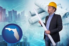 florida map icon and building contractor holding blueprints - cityscape background