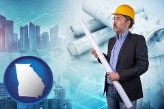 georgia map icon and building contractor holding blueprints - cityscape background