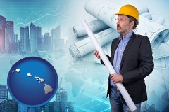 hawaii map icon and building contractor holding blueprints - cityscape background