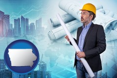 iowa map icon and building contractor holding blueprints - cityscape background