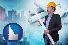 idaho map icon and building contractor holding blueprints - cityscape background