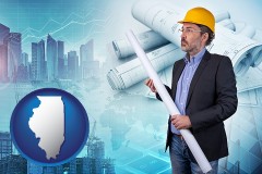building contractor holding blueprints - cityscape background - with IL icon