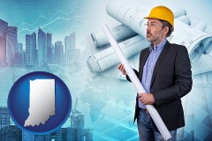 indiana map icon and building contractor holding blueprints - cityscape background