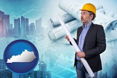 kentucky map icon and building contractor holding blueprints - cityscape background