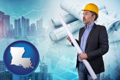 louisiana map icon and building contractor holding blueprints - cityscape background