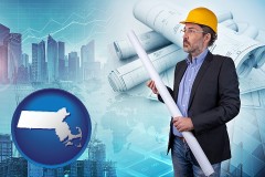 building contractor holding blueprints - cityscape background - with MA icon