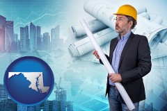 maryland map icon and building contractor holding blueprints - cityscape background