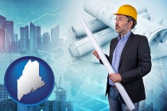 maine map icon and building contractor holding blueprints - cityscape background