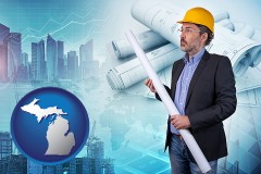 michigan map icon and building contractor holding blueprints - cityscape background