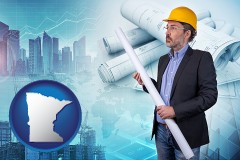 minnesota map icon and building contractor holding blueprints - cityscape background