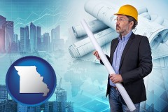 building contractor holding blueprints - cityscape background - with MO icon