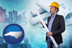 building contractor holding blueprints - cityscape background - with NC icon