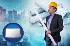 north-dakota map icon and building contractor holding blueprints - cityscape background