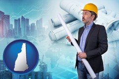 new-hampshire map icon and building contractor holding blueprints - cityscape background