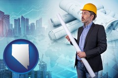 nevada map icon and building contractor holding blueprints - cityscape background