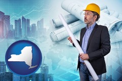 new-york map icon and building contractor holding blueprints - cityscape background