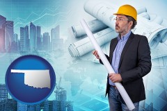 building contractor holding blueprints - cityscape background - with OK icon