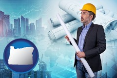 building contractor holding blueprints - cityscape background - with OR icon