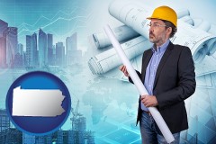 pennsylvania map icon and building contractor holding blueprints - cityscape background
