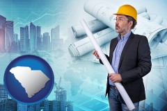 south-carolina map icon and building contractor holding blueprints - cityscape background