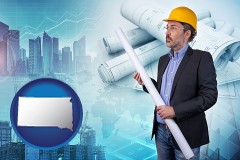 south-dakota map icon and building contractor holding blueprints - cityscape background