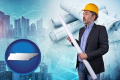building contractor holding blueprints - cityscape background - with TN icon