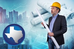 texas map icon and building contractor holding blueprints - cityscape background