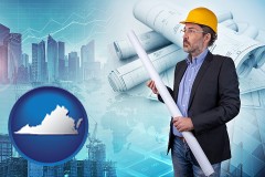 virginia map icon and building contractor holding blueprints - cityscape background