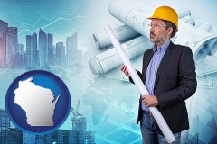 wisconsin map icon and building contractor holding blueprints - cityscape background