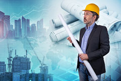building contractor holding blueprints - cityscape background