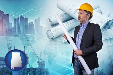building contractor holding blueprints - cityscape background - with Alabama icon