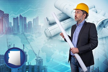building contractor holding blueprints - cityscape background - with Arizona icon