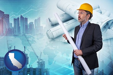 building contractor holding blueprints - cityscape background - with California icon