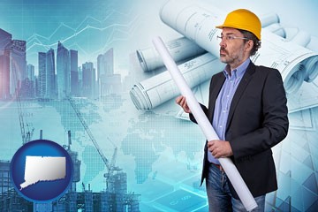 building contractor holding blueprints - cityscape background - with Connecticut icon