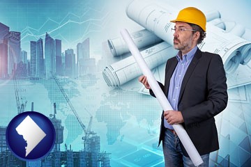 building contractor holding blueprints - cityscape background - with Washington, DC icon