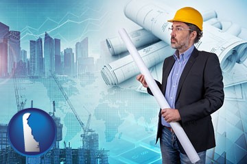 building contractor holding blueprints - cityscape background - with Delaware icon