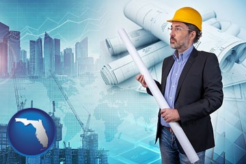 building contractor holding blueprints - cityscape background - with Florida icon
