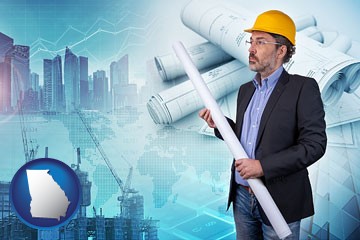 building contractor holding blueprints - cityscape background - with Georgia icon