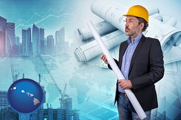 building contractor holding blueprints - cityscape background - with Hawaii icon