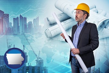 building contractor holding blueprints - cityscape background - with Iowa icon