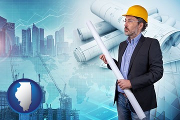 building contractor holding blueprints - cityscape background - with Illinois icon
