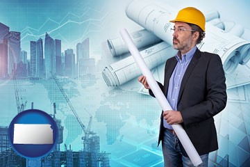 building contractor holding blueprints - cityscape background - with Kansas icon