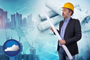 building contractor holding blueprints - cityscape background - with Kentucky icon