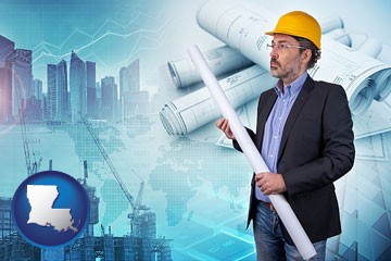 building contractor holding blueprints - cityscape background - with Louisiana icon